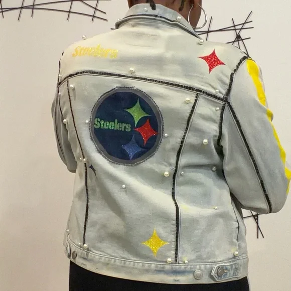 Custom Steelers Women's Embellished Denim Jacket - Picture 6 of 6